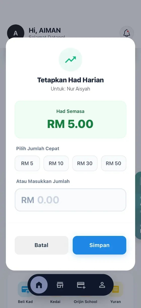Set daily limit dialog with quick amounts of RM5, RM10, RM30 and RM50