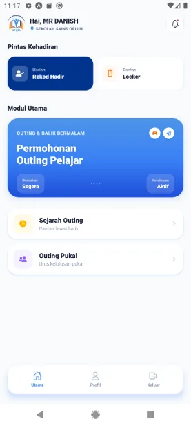 Orijin School screen showing attendance shortcuts, student outing requests and outing history