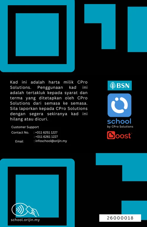 Reverse of the Orijin School Card with terms and support numbers